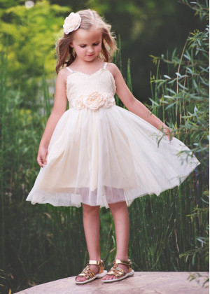 Spaghetti Straps Ivory Gold Sequin Tulle Boho Flower Girl Dress
